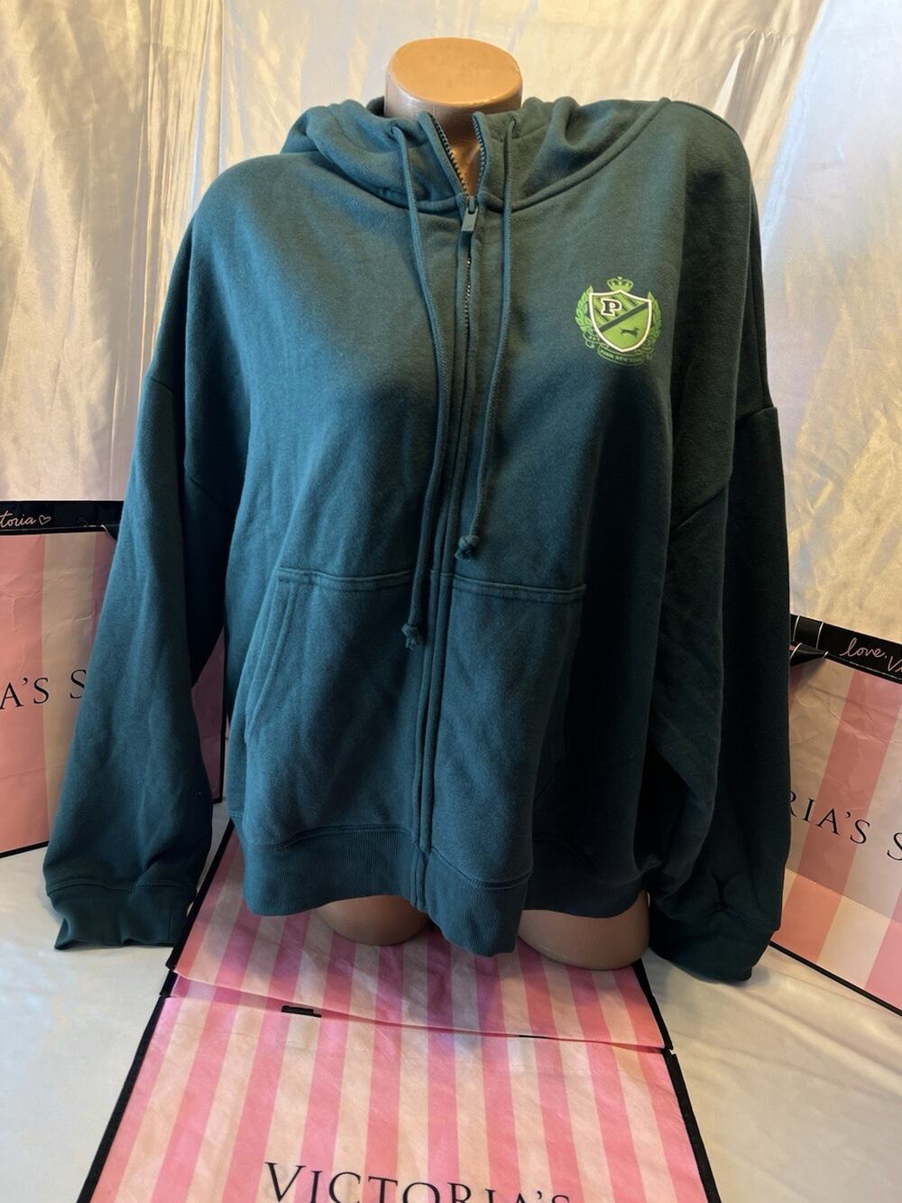 Victorias Secret Pink Hoodie Full Zip Pink W/ Green Chest Logo XL Last One